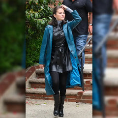 NYC 2025 Selena Gomez Blue Leather Coat