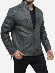 Men's Grey Lambskin Leather Motorcycle Jacket