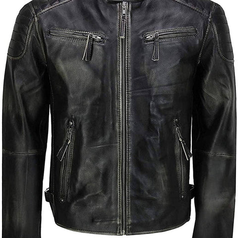 Mens Black Distressed Cafe Racer Leather Jacket