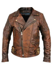 Men Biker Cafe Racer Distressed Brown Leather Jacket