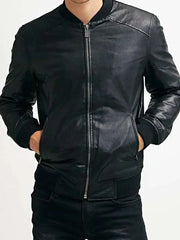 Men Sheepskin Black Bomber Leather Jacket