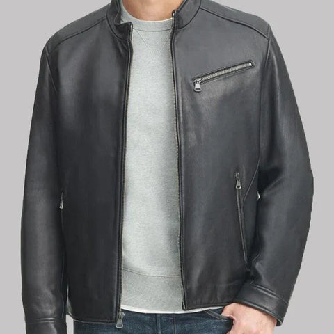 Men's Black Leather Stand-up Collar Jacket