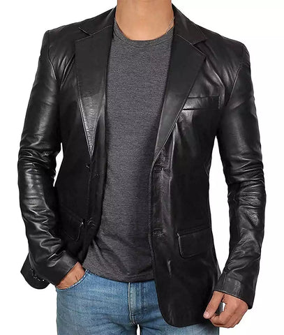 Mens Black Leather Blazer Jacket - Stylish Two Button Notch Lapel Blazer