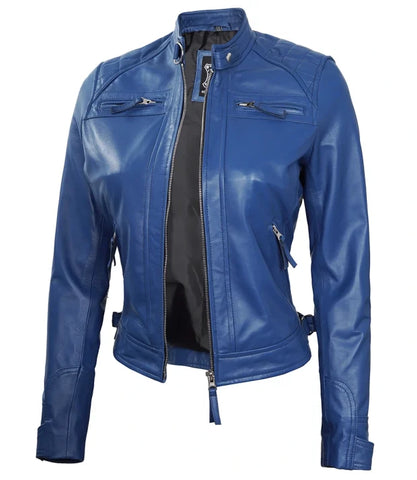 Women’s Blue Fitted Biker Leather Jacket | Quilted Pattern