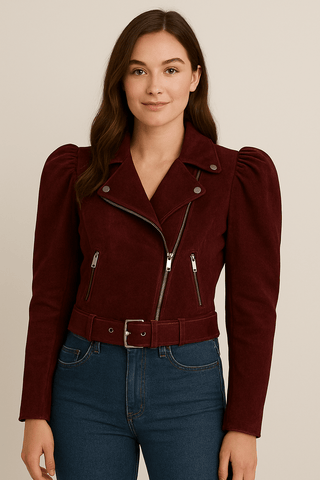 Women’s Maroon Suede Gigot Sleeve Biker Jacket