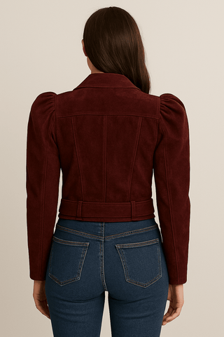 Women’s Maroon Suede Gigot Sleeve Biker Jacket