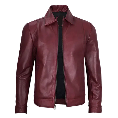 Classic Shirt Collar Maroon Leather Jacket
