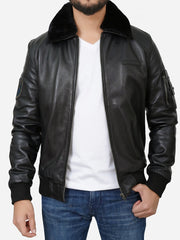 Men Black Shearling Collar Bomber Leather Jacket