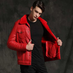 Mens Red Aviator Pilot Sheepskin Shearling B3 Bomber Leather Jacket