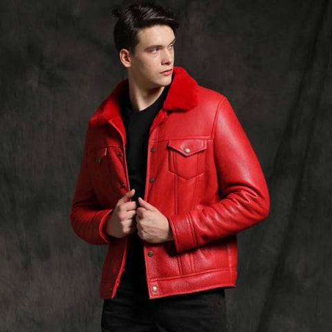 Mens Red Aviator Pilot Sheepskin Shearling B3 Bomber Leather Jacket