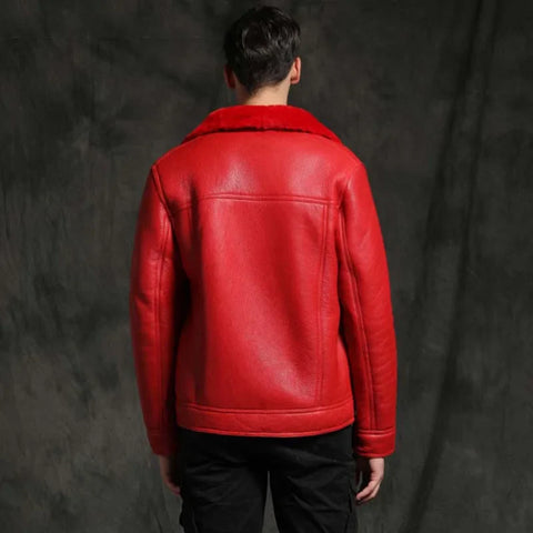 Mens Red Aviator Pilot Sheepskin Shearling B3 Bomber Leather Jacket