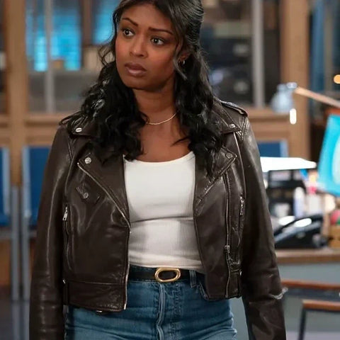 Javicia Leslie High Potential S02 Brown Biker Leather Jacket