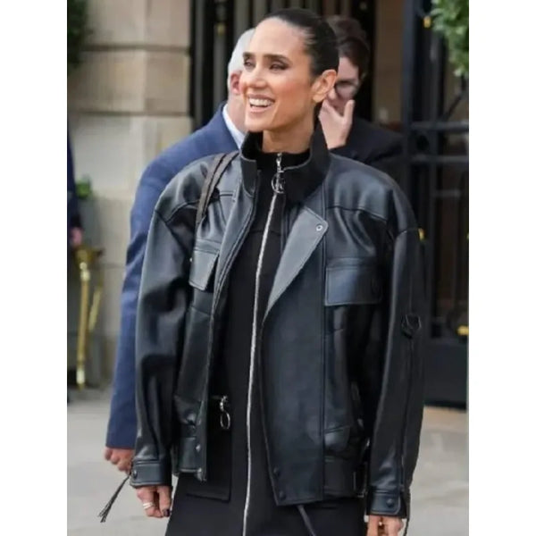 Jennifer Connelly PFW 2025 Black Leather Jacket