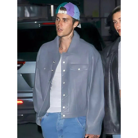 Justin Bieber Grey Boxy Leather Jacket