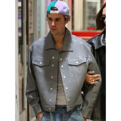 Justin Bieber Grey Boxy Leather Jacket