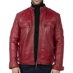 Men Maroon Distressed Leather Jacket