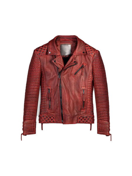 Men Red Waxed Biker Leather Motorcycle Jacket