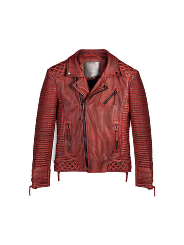 Men Red Waxed Biker Leather Motorcycle Jacket