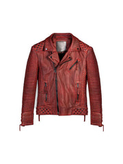 Men Red Waxed Biker Leather Motorcycle Jacket
