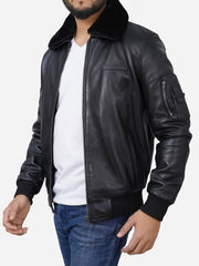 Men Black Shearling Collar Bomber Leather Jacket