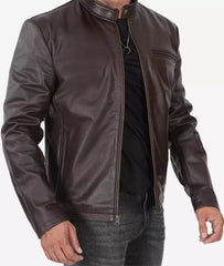Mens Dark Brown Premium Cowhide Leather Cafe Racer Jacket