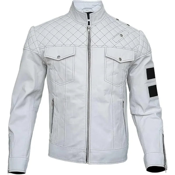 Men's Biker White Leather Jacket