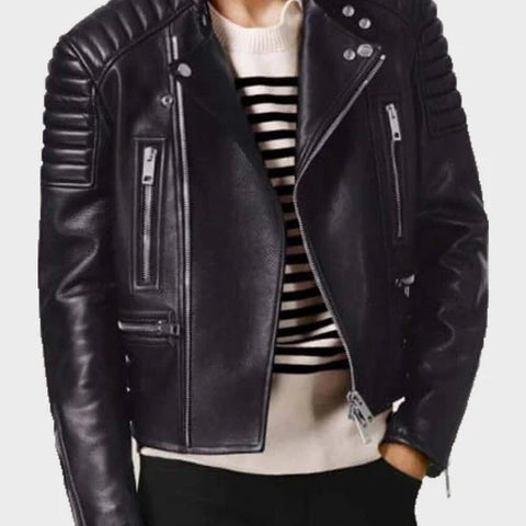 Men's Padded Shoulders Asymmetrical Black Bikers Padded Jacket