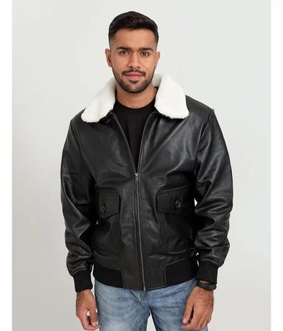 Men’s B3 Bomber Faux Fur Aviator Real Leather Black Jacket