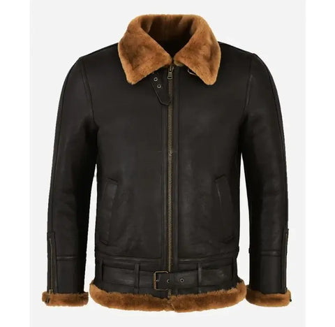 Men's B3 Sheepskin Belted Brown Jacket