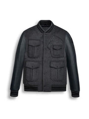 Men Black Wool Varsity Bomber Leather Jacket