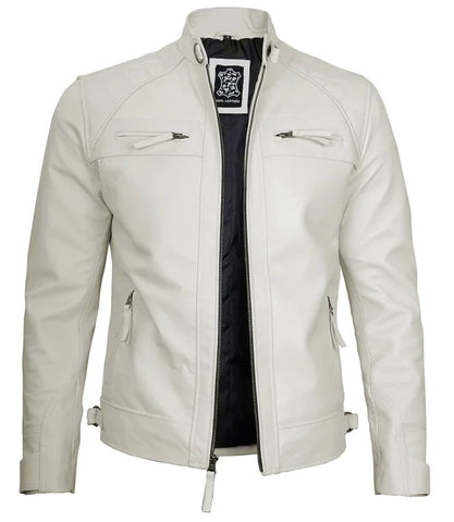 Mens Off White Cafe Racer Leather Jacket | Quilted Detailing