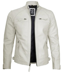 Mens Off White Cafe Racer Leather Jacket | Quilted Detailing