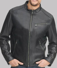 Men's Black Leather Stand-up Collar Jacket