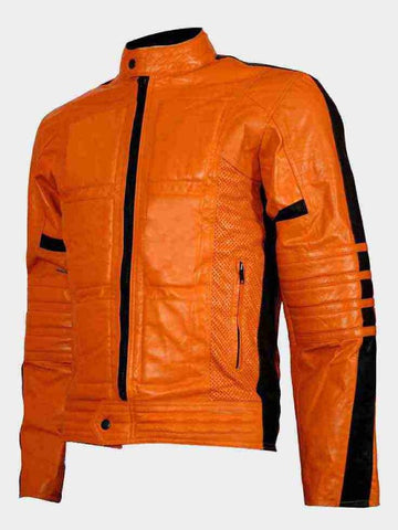 Mens Slim Fit Orange Padded Biker Jacket