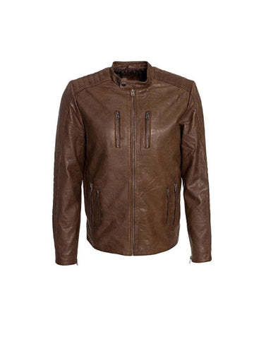Mens Waxed Sheepskin Leather Jacket Camel Brown