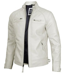 Mens Off White Cafe Racer Leather Jacket | Quilted Detailing