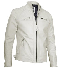 Mens Off White Cafe Racer Leather Jacket | Quilted Detailing
