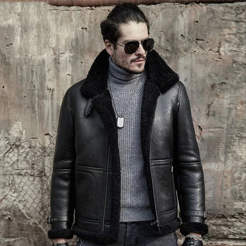 Mens Aviator Black Sheepskin Shearling B3 Bomber Jacket Coat