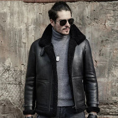 Mens Aviator Black Sheepskin Shearling B3 Bomber Jacket Coat