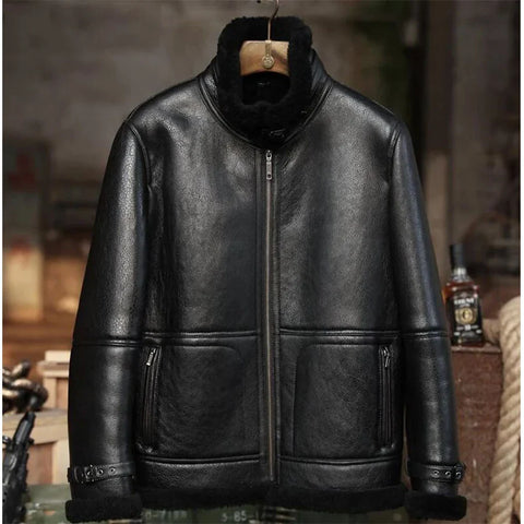 Mens Aviator Black Sheepskin Shearling B3 Bomber Jacket Coat