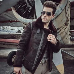 Mens Aviator Pilot Airforce B3 Bomber Sheepskin Shearling Leather Jacket