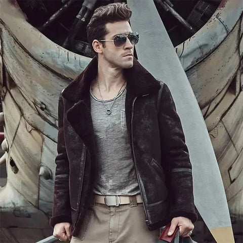 Mens Aviator Pilot Airforce B3 Bomber Sheepskin Shearling Leather Jacket