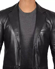 Mens Black Leather Blazer Jacket - Stylish Two Button Notch Lapel Blazer