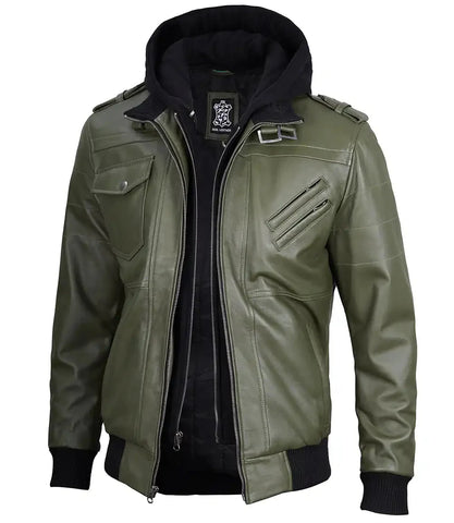 Mens Army Green Bomber Leather Jacket