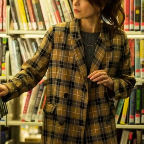 Kristin Kreuk Murder in a Small 2024 Plaid Coat