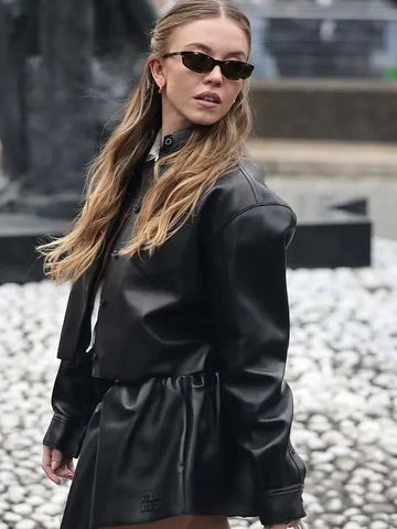 Sydney Sweeney PFW 2025 Black Leather Jacket