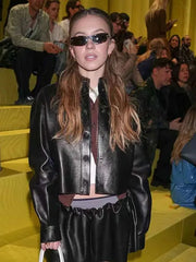 Sydney Sweeney PFW 2025 Black Leather Jacket