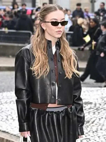 Sydney Sweeney PFW 2025 Black Leather Jacket