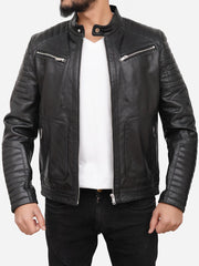 Men Black Quilted Moto Leather Jacket