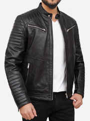 Men Black Quilted Moto Leather Jacket
